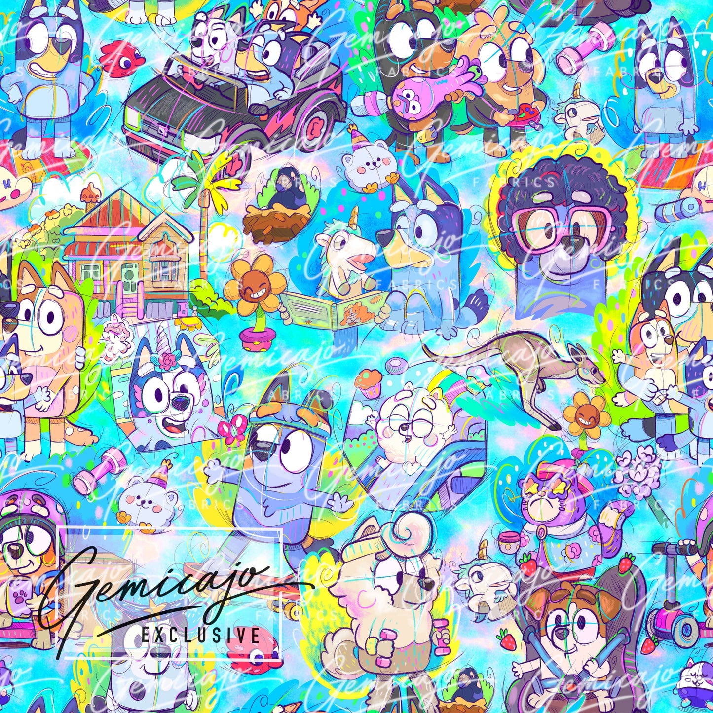 Crazy Pups, Blue. Woven Cotton