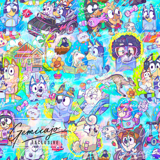 Crazy Pups, Blue. Woven Cotton